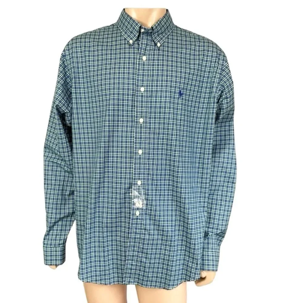 NEW Polo by Ralph Lauren Classic Fit Long Sleeve Blue Green Check Shirt XXL